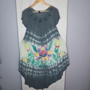 Sunflower Boho Maxi Dress Free Size Hand Painted Floral Tie Dye Rayon Hi Low